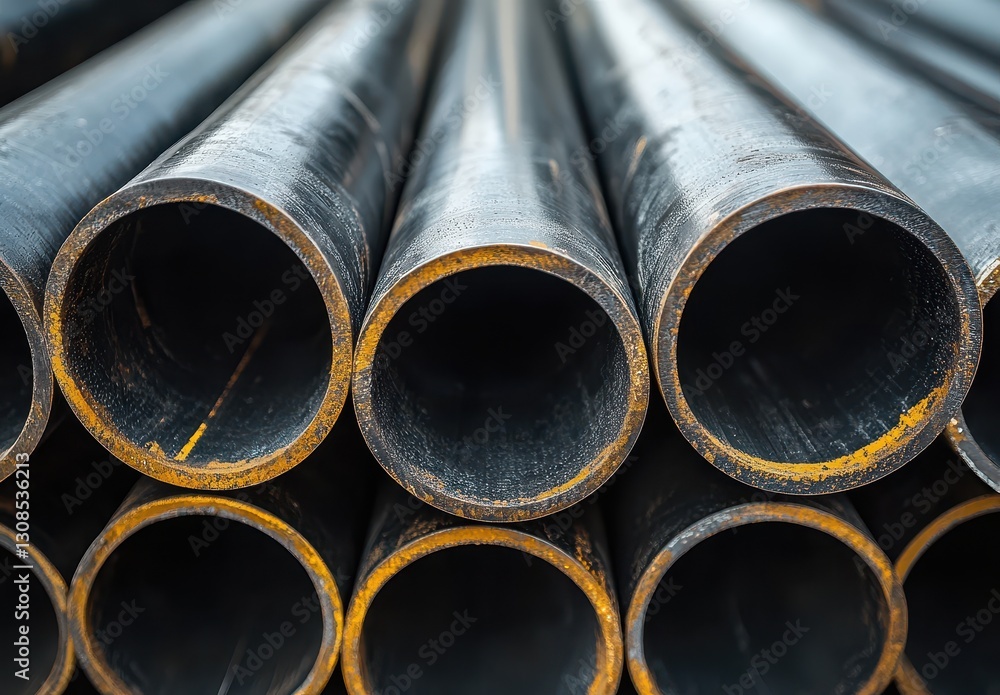 Poster close-up view of industrial steel pipes arranged neatly in rows highlighting the circular openings a