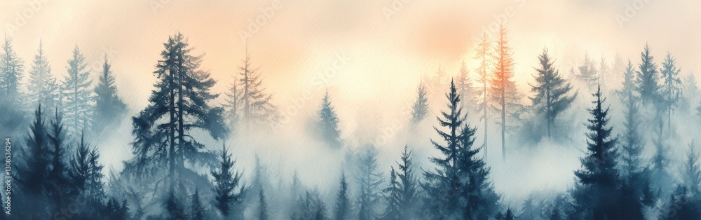 Poster dense evergreen trees shrouded in mist during early morning light in a tranquil forest setting