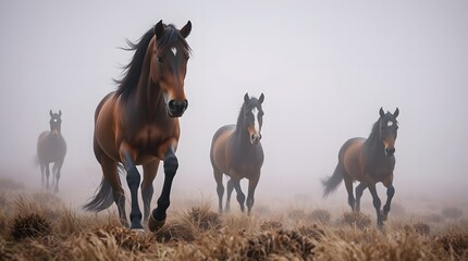 Horses Running Through Foggy Field Majestic Animal Wildlife Scene