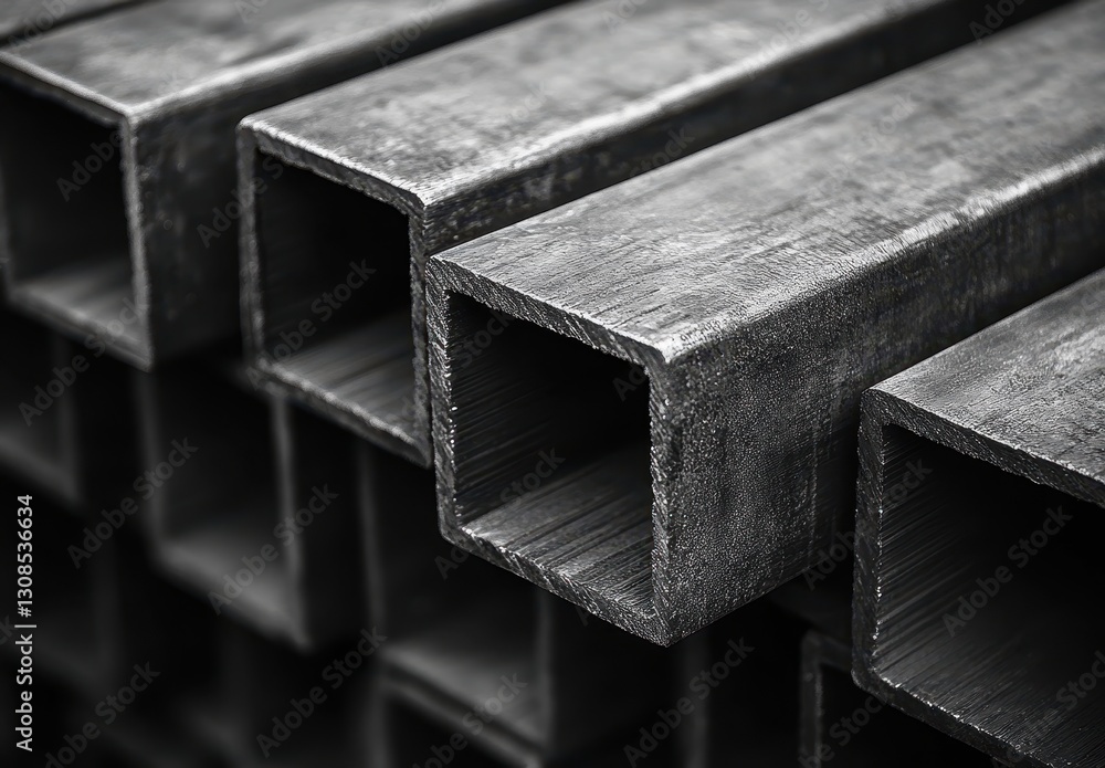Poster close-up view of industrial steel rectangular bars stacked in a pattern, showcasing texture and stru