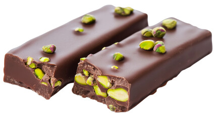 Two chocolate bars covered with pistachios on transparent background