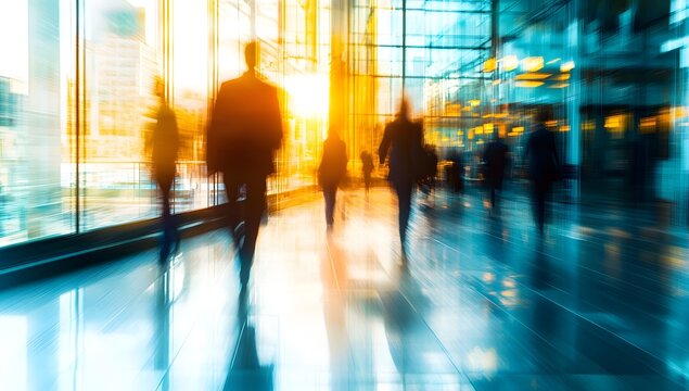 Busy city commuters in modern glass hallway