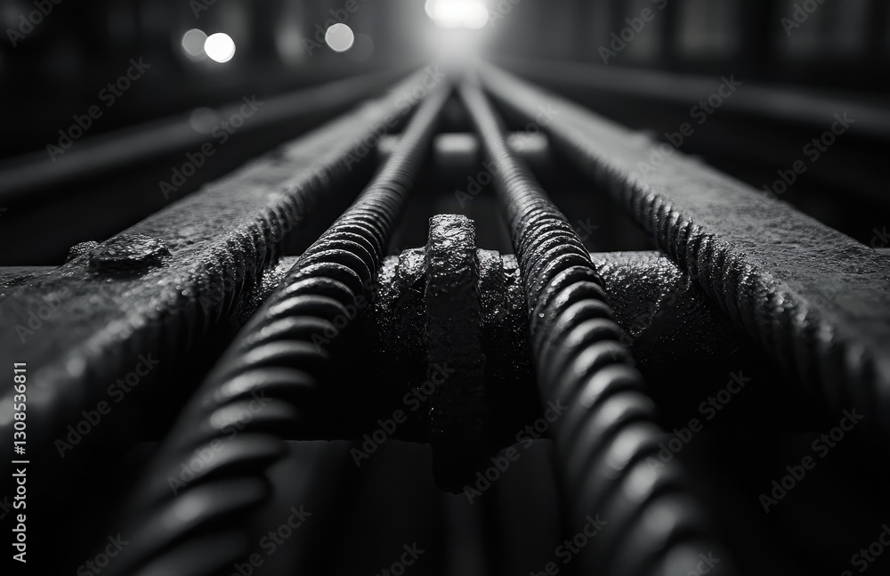Poster close-up view of industrial steel rods and hardware in monochrome setting with soft focus and ambien