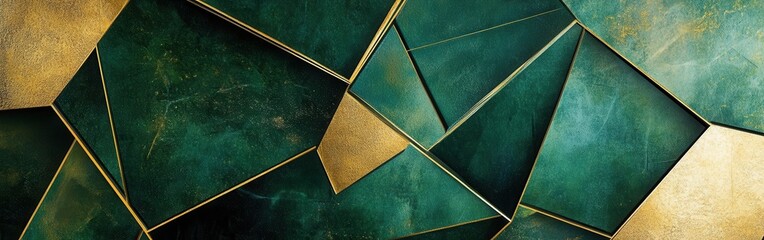 Textured geometric design composed of deep forest green shapes with metallic highlights enhancing visual interest and depth