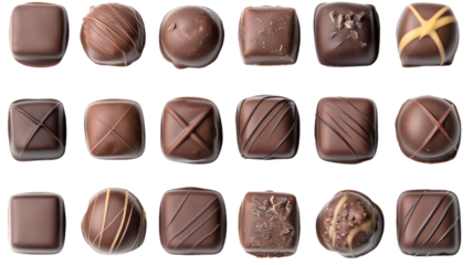 Top view of various gourmet chocolates on transparent background