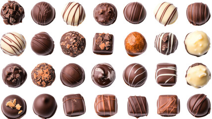 Delicious assorted chocolates forming a grid on transparent background