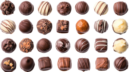Delicious assorted chocolates forming a grid on transparent background