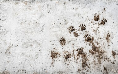 Paw prints scattered in damp dirt on a white surface in a rural setting during daylight