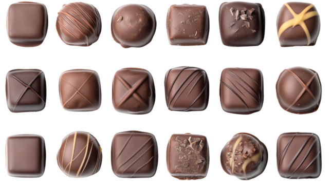 Top view of various gourmet chocolates on transparent background