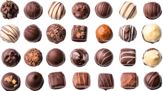 Delicious assorted chocolates forming a grid on transparent background