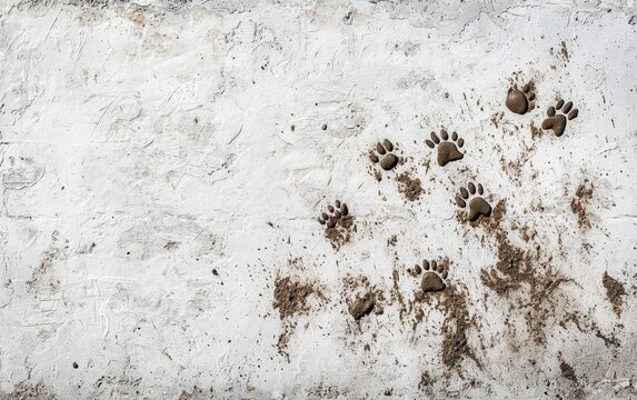 Paw prints scattered in damp dirt on a white surface in a rural setting during daylight
