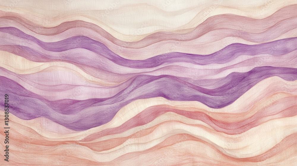 Poster Soft pencil strokes create flowing waves in muted peach and purple tones in a serene abstract artwork