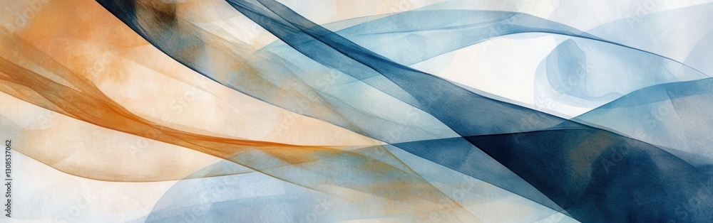 Poster Soft pencil strokes create a tranquil abstract composition with flowing blue and orange waves blending seamlessly on a light background