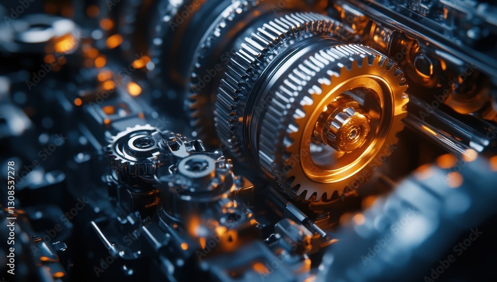 Poster close-up view of interconnected gears and mechanical components in a high-tech engine with glowing h