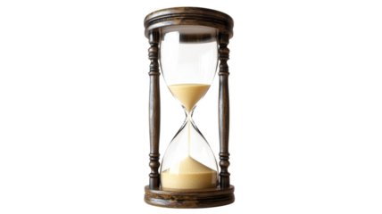 Hourglass with falling sand measuring time on transparent background