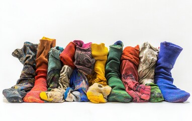 Colorful collection of dirty socks arranged in a line showcasing various patterns and hues against a plain background