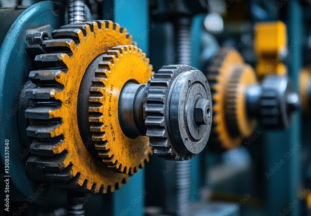 Poster close-up view of interlocking gears with vibrant orange and metal colors in industrial setting, emph