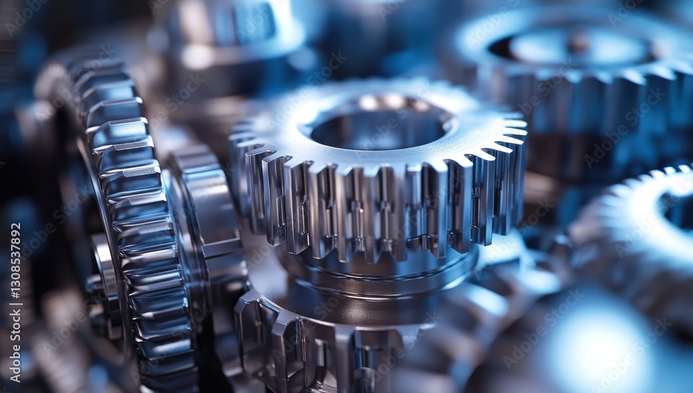 Poster close-up view of interlocking metallic gears in a modern mechanical system showcasing precision engi