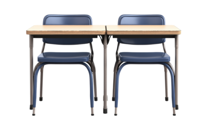 Two empty school desks and chairs on transparent background