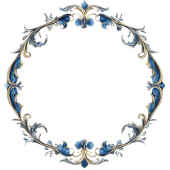 Circle frame with blue and gold ornaments isolated on transparent or white background.