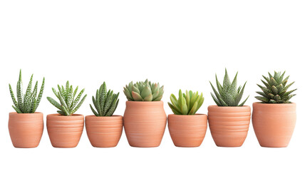 Fototapeta premium Seven small succulents growing in terracotta pots on transparent background