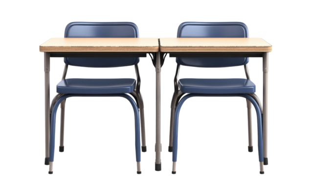 Two empty school desks and chairs on transparent background
