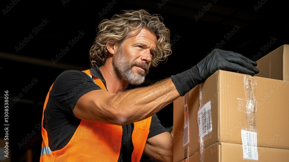 Poster man in a high-visibility vest carefully arranges cardboard boxes in a warehouse. he focuses on his t