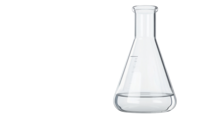 Laboratory glass erlenmeyer flask containing liquid on transparent background