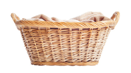 Obraz premium Wicker laundry basket overflowing with beige towels on transparent background
