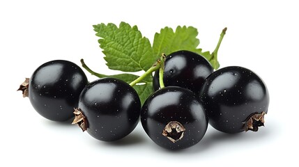 Five ripe blackcurrants with leaves on white background.