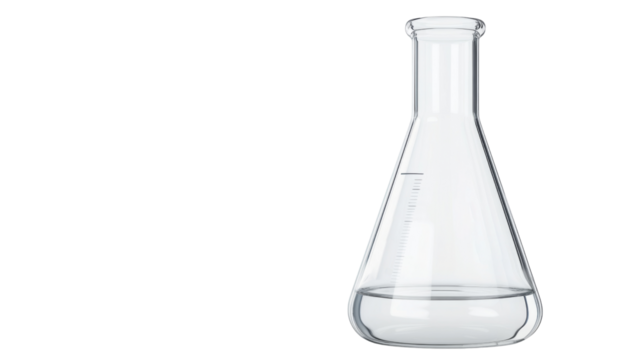 Laboratory glass erlenmeyer flask containing liquid on transparent background