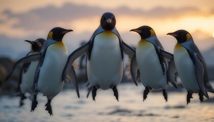 Obraz premium King Penguins Walking Together at Sunset Near the Water