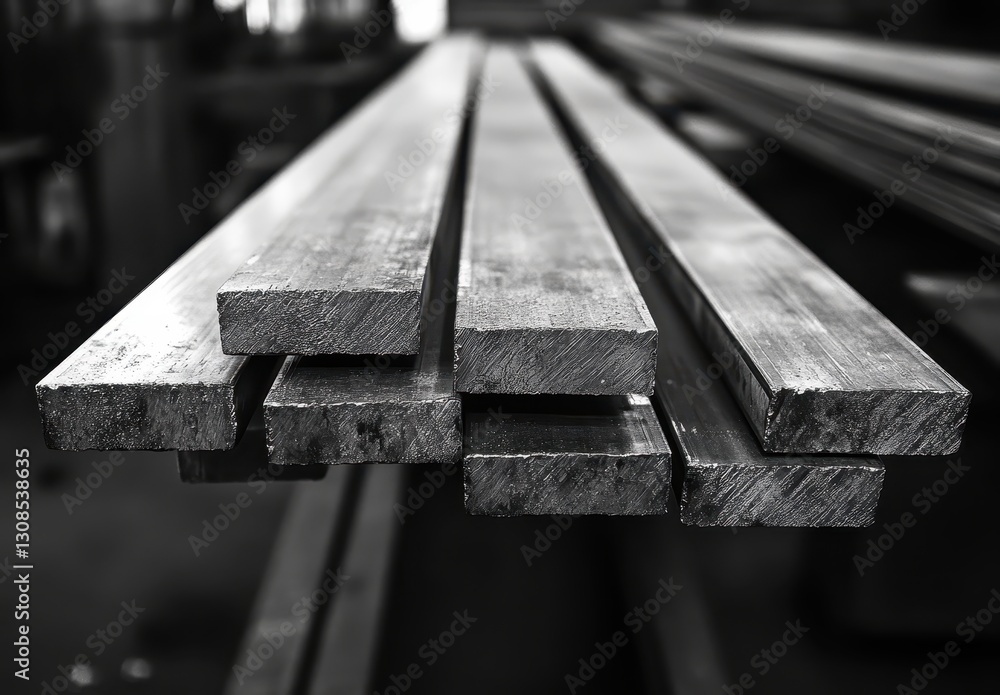Poster close-up view of metal bars stacked neatly in a workshop environment, highlighting textures and refl