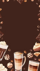 Coffee and chocolate delight background with cupcakes and beans