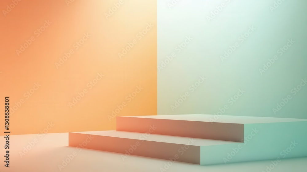 Poster gradient walls and steps create a serene atmosphere in a minimalist space for creative expression