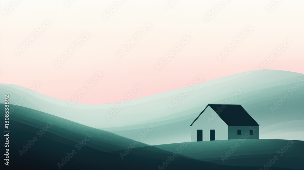 Aufkleber Soft abstract silhouette of a house on rolling hills in muted colors with a gentle gradient sky at dawn