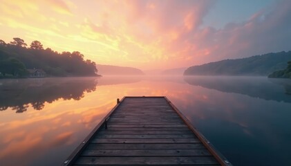 Fototapeta premium Misty dawn, calm lake reflects on still water, wooden dock extends , planks, sun, idyllic