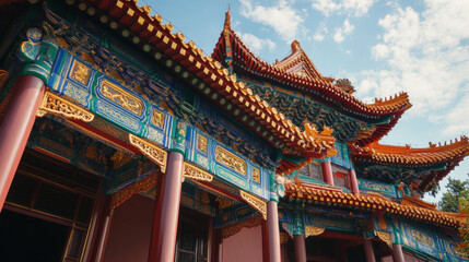 Elaborately decorated traditional Chinese architecture under a blue sky with clouds.