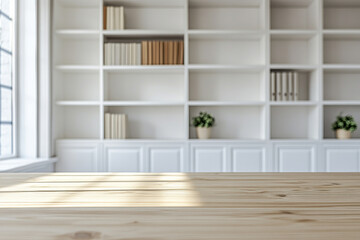 Fototapeta premium Modern Wooden Desk with Minimalist White Bookshelf Background in Bright Office