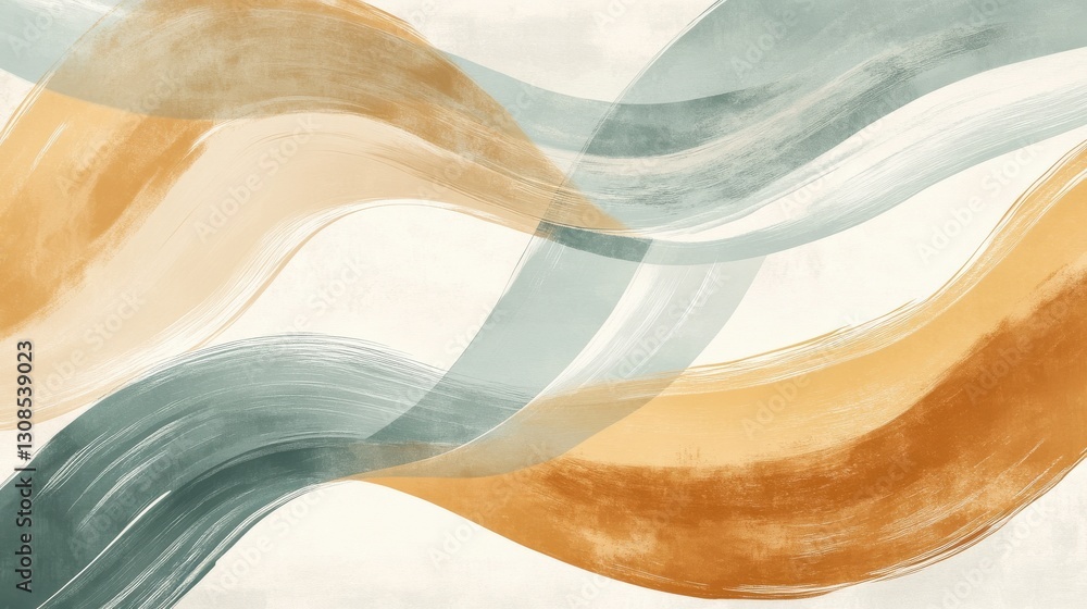 Poster Muted amber and soft blue arcs create a flowing abstract design enhancing tranquility in a modern space