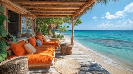 Bright sunny beach cabana with comfortable seating ideal for relaxing by ocean and enjoying beautiful coastal scenery. Leisure summer background concept.