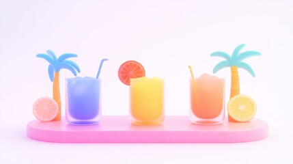 Fototapeta premium Colorful tropical drinks with citrus slices and palm trees on pink pastel background