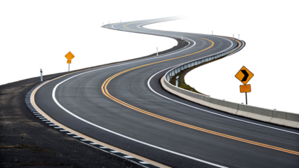 Modern curved highway with guardrails and road signs, isolated on a black background, symbolizing direction, travel, and progress