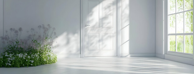 Fototapeta premium Sunny room, plants, door, window, calm