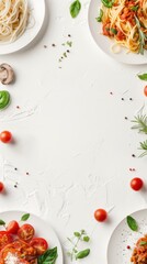 Delicious pasta dishes with fresh herbs and cherry tomatoes on a white background
