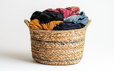 Woven basket filled with colorful textiles displayed indoors on a light background