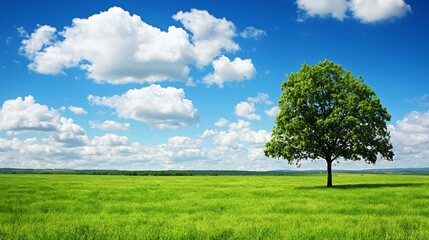Fototapeta premium Single Tree in a Green Field Under a Blue Sky with Fluffy White Clouds