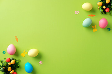 Happy Easter greeting card design. Top view colorful Easter eggs, bunny paper cutouts, and festive decorations on a green background.