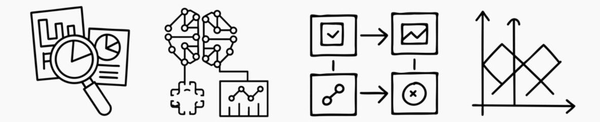 Market research concept. Analytical icons depicting data processing and visualization techniques.