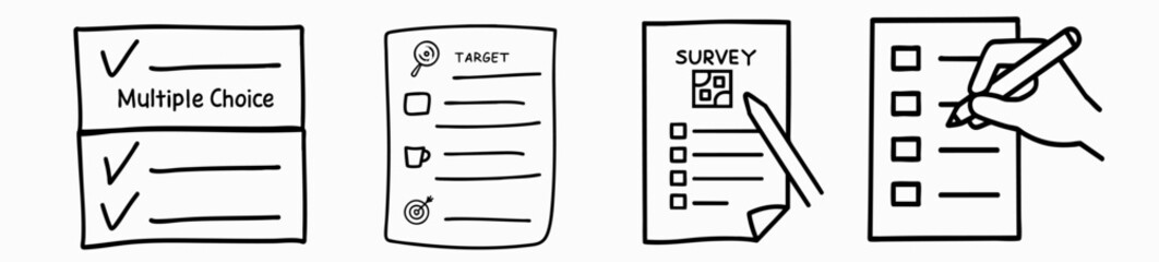 Market research concept. Four hand-drawn checklists and forms with various icons and markings.